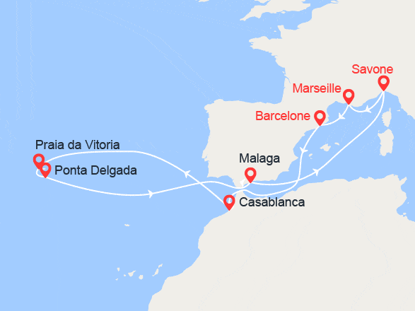 itinéraire croisière Méditerranée : Italie, France, Espagne, Maroc, Açores