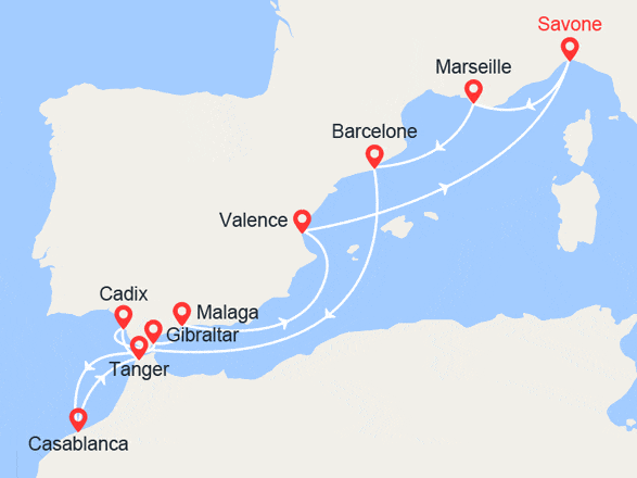 itinéraire croisière Méditerranée : Italie, France, Espagne, Maroc, Gibraltar