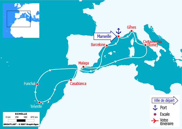 itinéraire croisière Méditerranée : Italie, France, Espagne, Maroc, Madère
