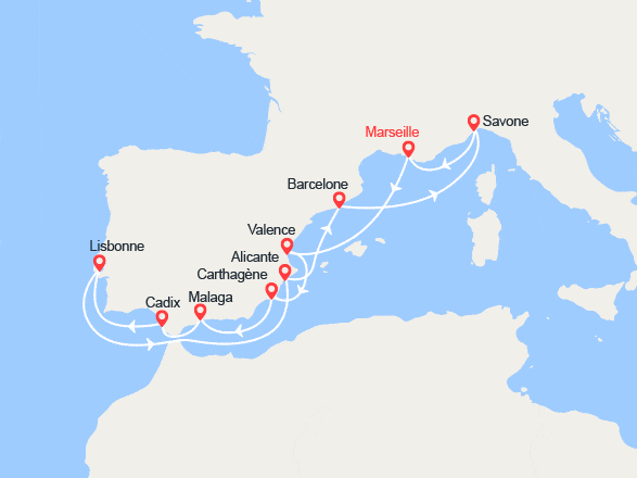 itinéraire croisière Méditerranée Occidentale : Italie, France, Espagne, Portugal 