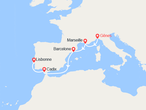 itinéraire croisière Méditerranée Occidentale : Italie, France, Espagne, Portugal