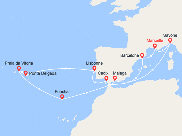 itinéraire croisière Canaries Madère : Italie, France, Espagne, Portugal, Açores, Madère