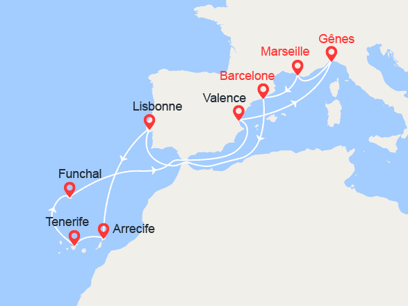 itinéraire croisière Canaries Madère : Italie, France, Espagne, Portugal, Canaries, Madère