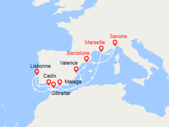 itinéraire croisière Méditerranée : Italie, France, Espagne, Portugal, Gibraltar