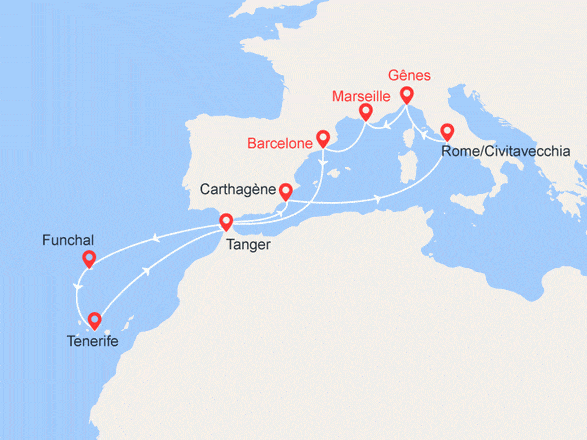 itinéraire croisière Méditerranée : Italie, France, Espagne, Portugal, Maroc
