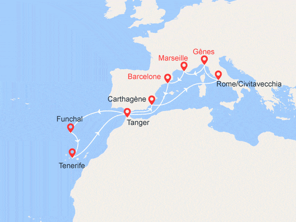 itinéraire croisière Méditerranée : Italie, France, Espagne, Portugal, Maroc