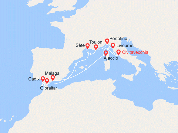 itinéraire croisière Méditerranée : Italie, France, Espagne et Gibraltar