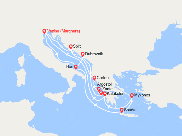 itinéraire croisière Méditerranée Orientale : Italie, Grèce, Croatie