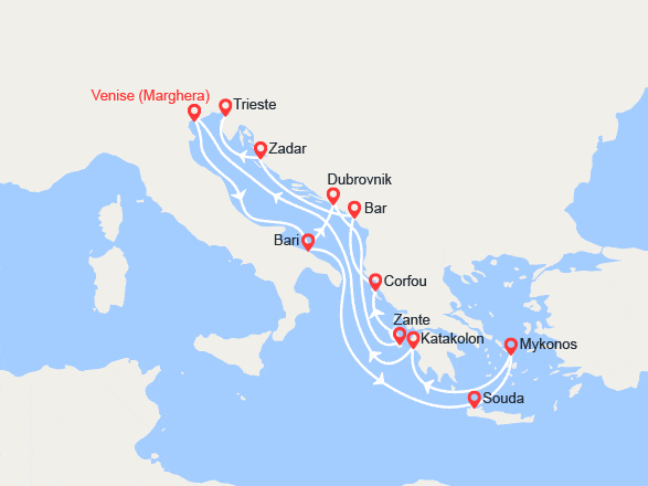 itinéraire croisière Méditerranée Occidentale : Italie, Grèce, Croatie : Venise, Mykonos, Corfou