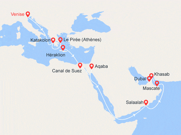 itinéraire croisière Moyen Orient : Italie, Grèce, Egypte, Jordanie, Oman, Emirats Arabes Unis