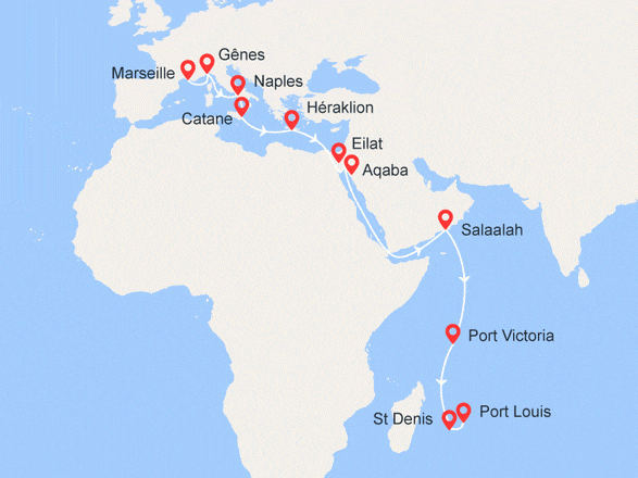 itinéraire croisière Océan Indien : Italie, Grèce, Israël, Jordanie, Oman, Seychelles, La Réunion, Maurice
