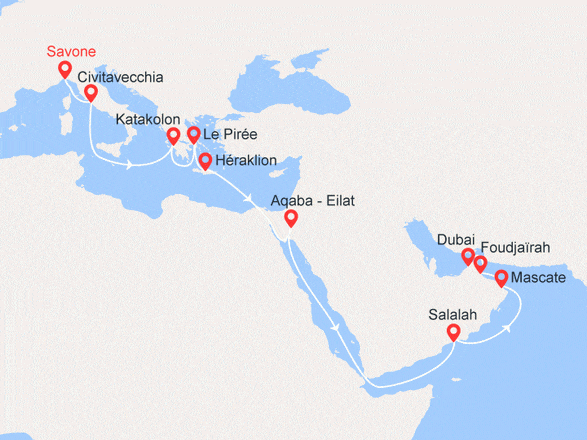 itinéraire croisière Méditerranée : Italie, Grèce, Jordanie, Israël, Oman, Emirats Arabes Unis