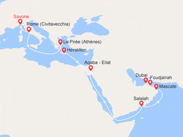 itinéraire croisière Méditerranée : Italie, Grèce, Jordanie, Israël, Oman, Emirats Arabes Unis