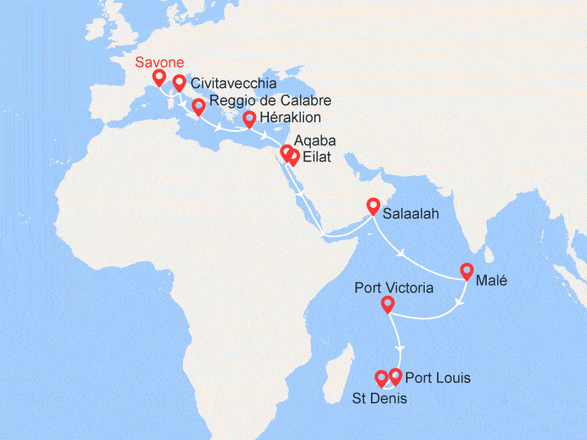 itinéraire croisière Transatlantique : Italie, Grèce, Jordanie, Israël, Oman, Seychelles, La Réunion, Maurice