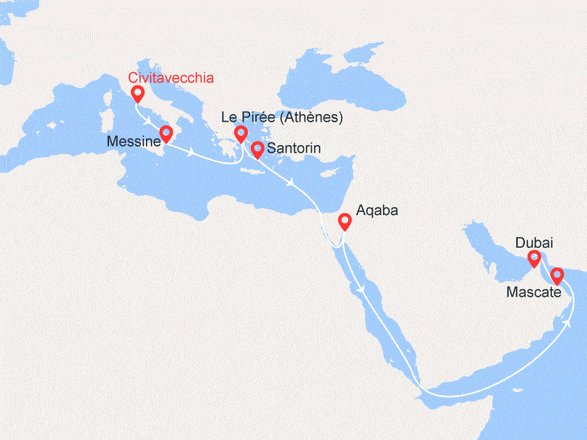 itinéraire croisière Méditerranée : Italie, Grèce, Jordanie, Oman, Emirats Arabes Unis