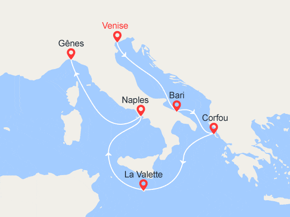 itinéraire croisière Méditerranée - Iles grecques : Italie, Grèce, Malte