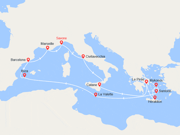 itin&eacute;raire croisi&egrave;re Méditerranée Orientale : Italie, Grèce, Malte, Baléares, Espagne, France 