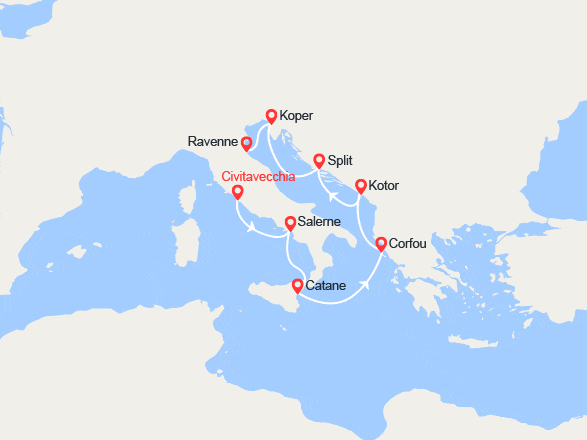 itin&eacute;raire croisi&egrave;re Méditerranée Occidentale : Italie, Grèce, Monténégro, Croatie, Slovénie 