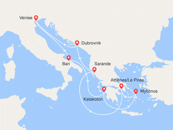 itinéraire croisière Croatie/Adriatique : Italie, Grèce, Mykonos, Albanie, Croatie