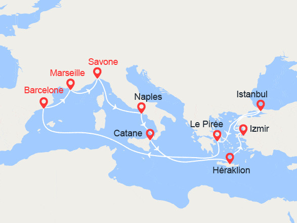 itinéraire croisière Méditerranée : Italie, Grèce, Turquie, Espagne
