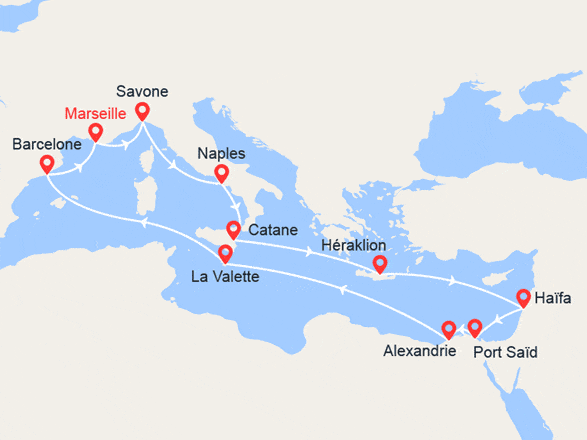 itinéraire croisière Iles grecques : Italie, Iles grecques, Egypte, Malte, Espagne