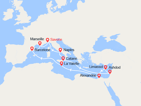 itinéraire croisière Méditerranée Orientale : Italie, Israël, Chypre, Egypte, Malte: Savone à Marseille