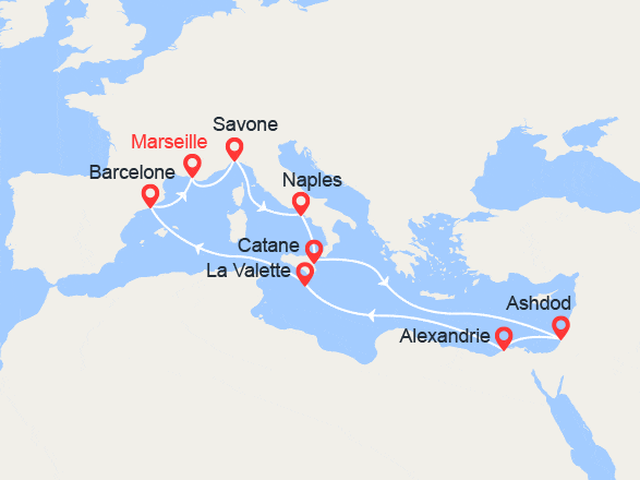 itinéraire croisière Méditerranée Orientale : Italie, Israël, Egypte, Malte, Espagne