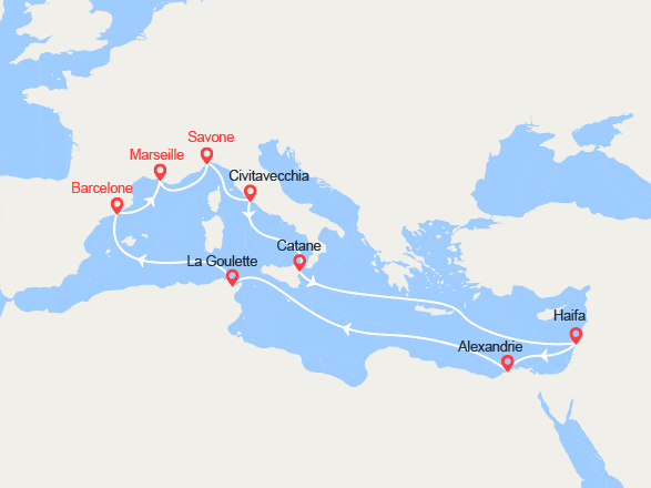 itinéraire croisière Méditerranée Orientale : Italie, Israël, Egypte, Tunisie
