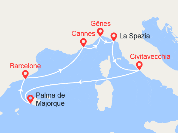 itinéraire croisière Iles Baléares : Italie, Majorque, Barcelone, Côte d'Azur
