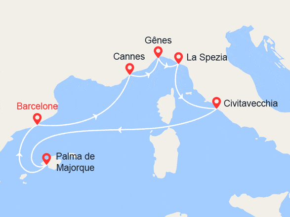 itinéraire croisière Iles Baléares : Italie, Majorque, Barcelone, Côte d'Azur