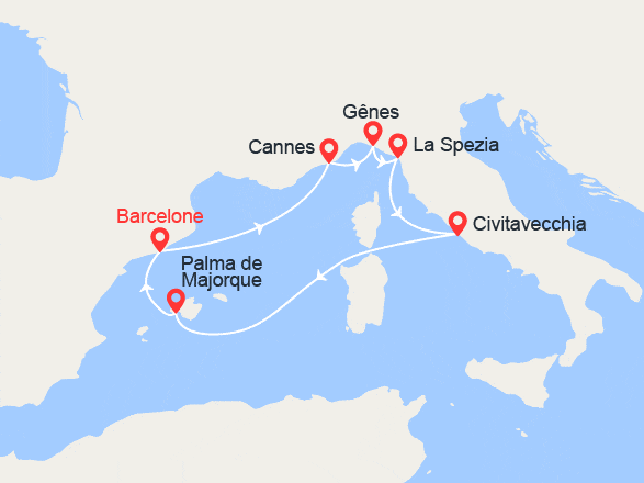 itinéraire croisière Iles Baléares : Italie, Majorque, Espagne, Côte d'Azur 