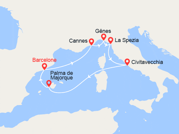 itinéraire croisière Iles Baléares : Italie, Majorque, Espagne, Côte d'Azur
