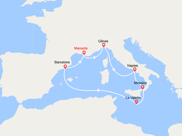 itin&eacute;raire croisi&egrave;re Méditerranée Occidentale : Italie, Malte, Espagne 