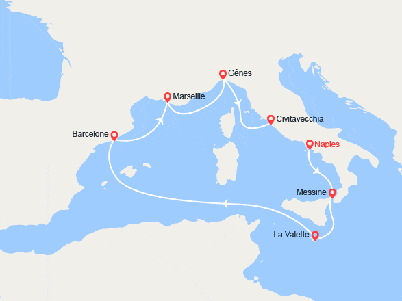 itinéraire croisière Méditerranée Occidentale : Italie, Malte, Espagne, France