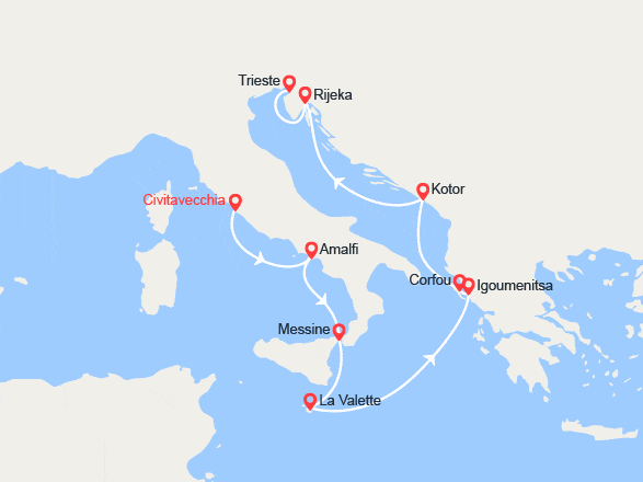 itinéraire croisière Méditerranée Orientale : Italie, Malte, Grèce, Monténégro, Croatie : de Civitavecchia à Trieste