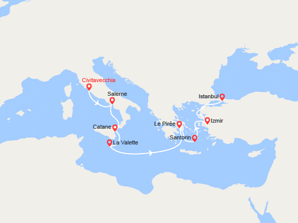 itin&eacute;raire croisi&egrave;re Méditerranée Orientale : Italie, Malte, Grèce, Turquie 
