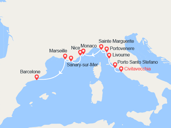 itinéraire croisière Méditerranée Occidentale : Italie, Monaco, France, Espagne