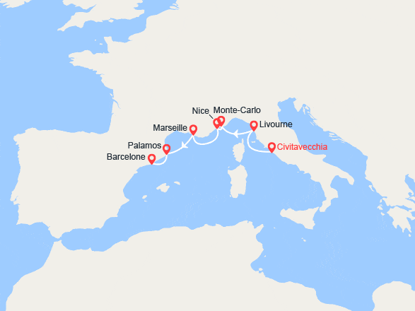 itinéraire croisière Méditerranée Occidentale : Italie, Monaco, France, Espagne