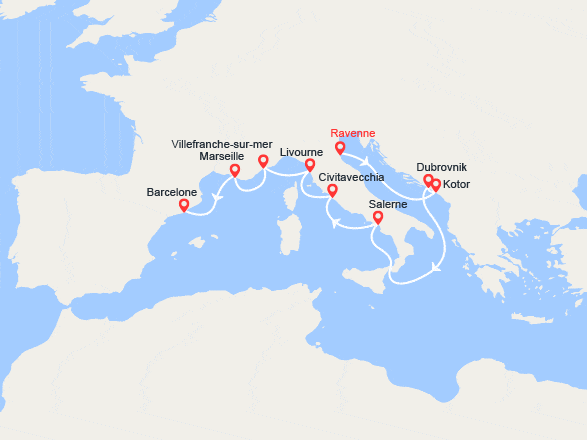 itin&eacute;raire croisi&egrave;re Méditerranée Orientale : Italie, Monténégro, Croatie, Provence, Baléares, Espagne 