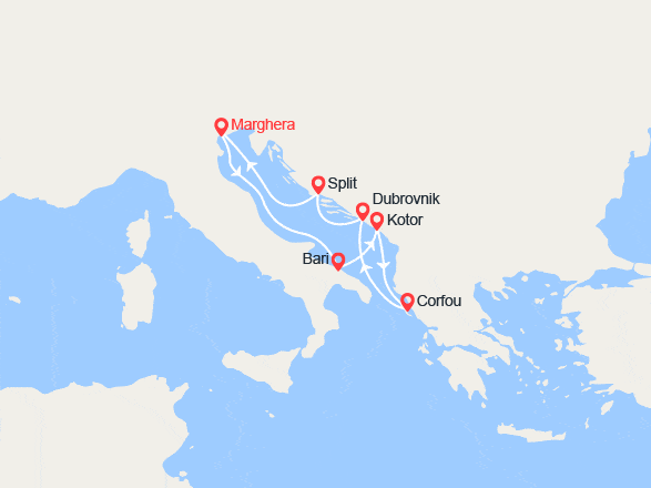 itinéraire croisière Méditerranée Orientale : Italie, Monténégro, Grèce, Croatie