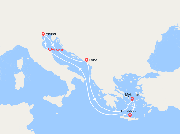 itinéraire croisière Méditerranée Orientale : Italie, Monténégro, îles Grecques, Crète