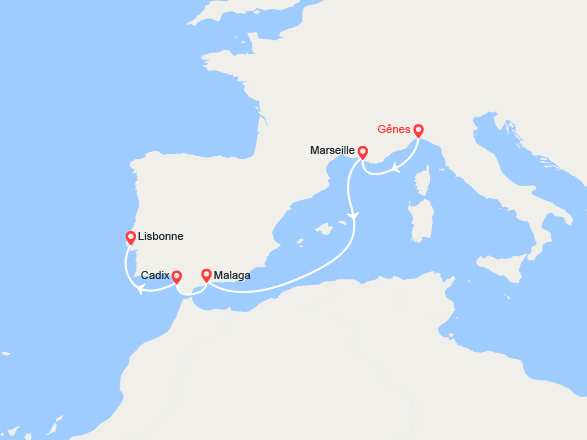 itin&eacute;raire croisi&egrave;re Méditerranée Occidentale : Italie, Provence, Espagne, Portugal 