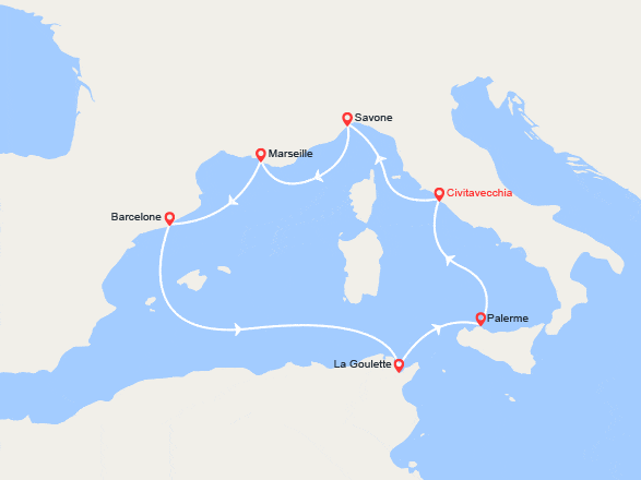 itin&eacute;raire croisi&egrave;re Méditerranée Occidentale : Italie, Provence, Espagne, Tunisie, Sicile 