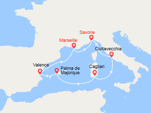 itinéraire croisière Iles Baléares : Italie, Sardaigne, Majorque, Espagne
