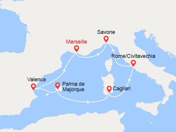 itinéraire croisière Iles Baléares : Italie, Sardaigne, Majorque, Espagne