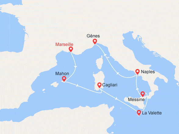 itinéraire croisière Méditerranée : Italie, Sicile, Espagne, Tunisie
