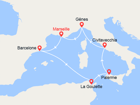 itinéraire croisière Méditerranée : Italie, Sicile, Espagne, Tunisie, Provence