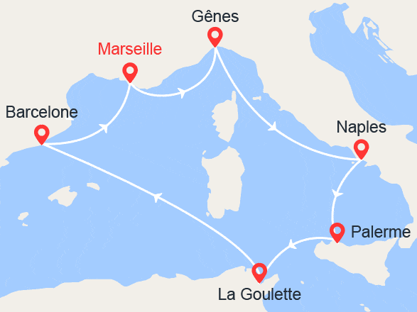 itinéraire croisière Méditerranée : Italie, Sicile, Espagne, Tunisie, Provence