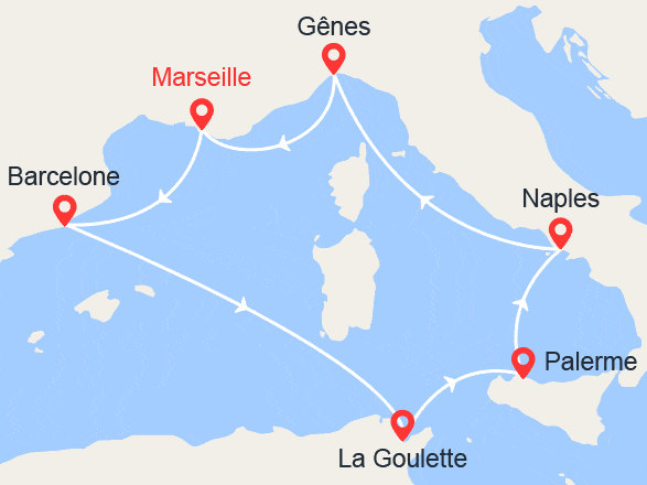 itinéraire croisière Méditerranée : Italie, Sicile, Espagne, Tunisie, Provence
