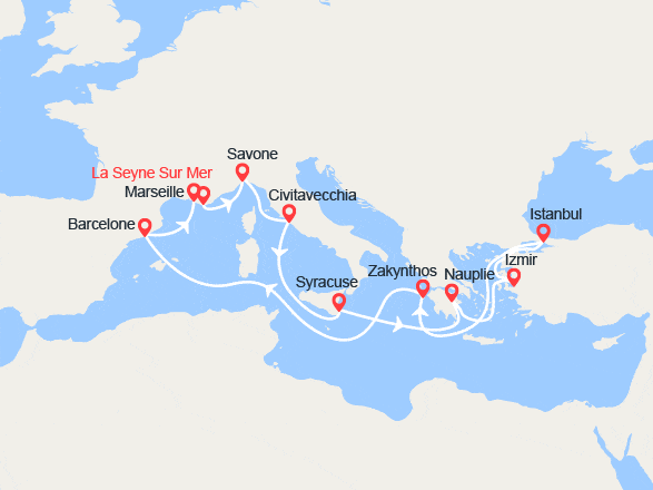 itinéraire croisière Méditerranée Orientale : Italie, Sicile, Grèce, Turquie, Espagne